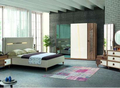 Bedroom Set Bed 2x Bedside tables 5tlg Design Textile Wood Wardrobe